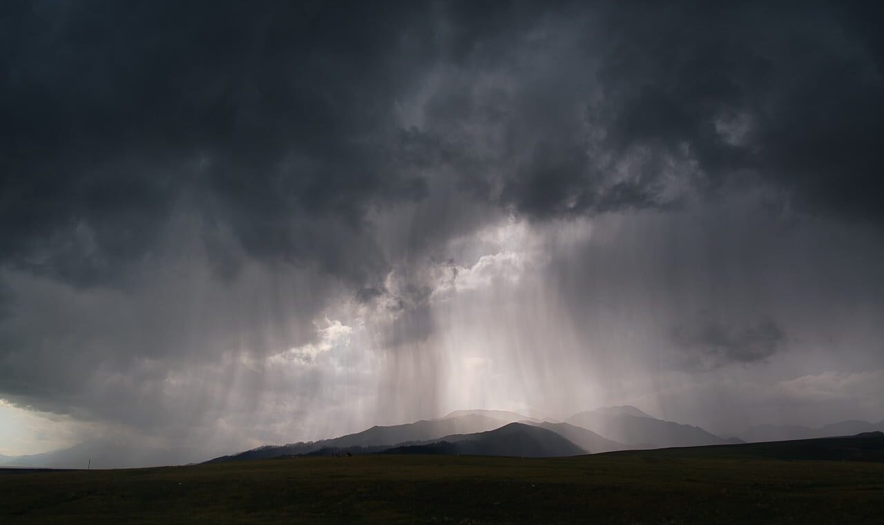 thunderstorm, rain, double rainbow, clouds, dark sky, nature, atmosphere, mountains, light, raindrops, stormy weather, outdoors, dramatic, rainy, pasture, natural beauty, panorama, atmospheric, wilderness